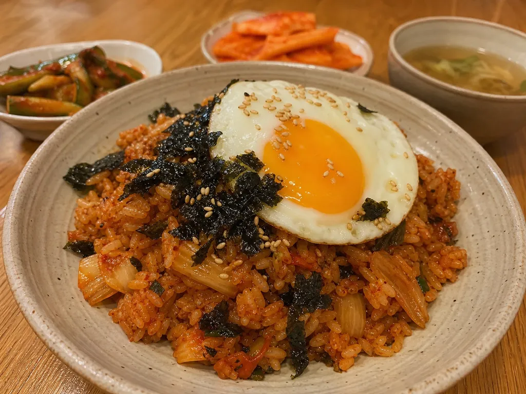 Kimchi Bokkeumbap (Kimchi Fried Rice) — plated and served