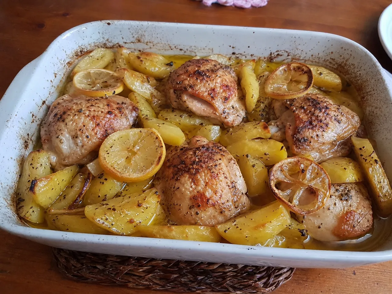 Kotopoulo Lemonato (Greek Lemon Chicken with Potatoes) — served