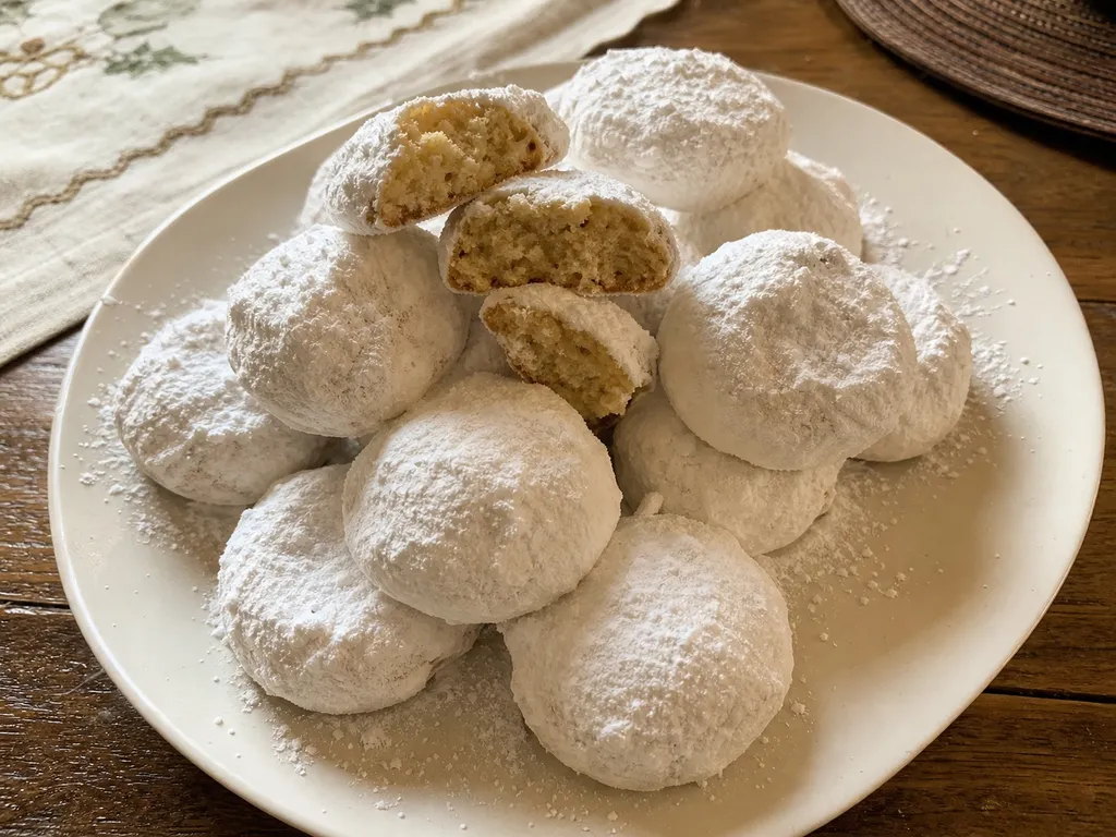 Kourabiedes (Greek Almond Butter Cookies) — plated and served