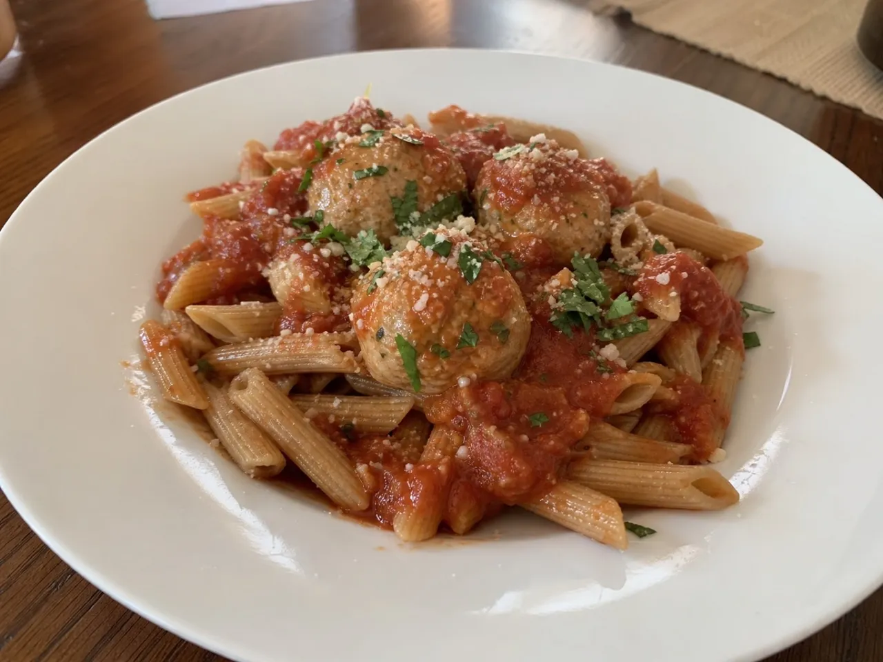 Lean Turkey Meatballs with Whole Wheat Pasta — served
