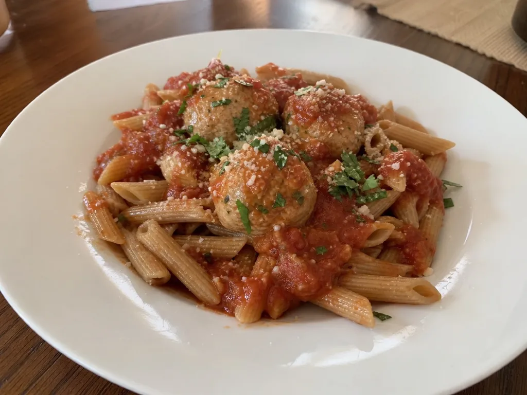 Lean Turkey Meatballs with Whole Wheat Pasta — plated and served