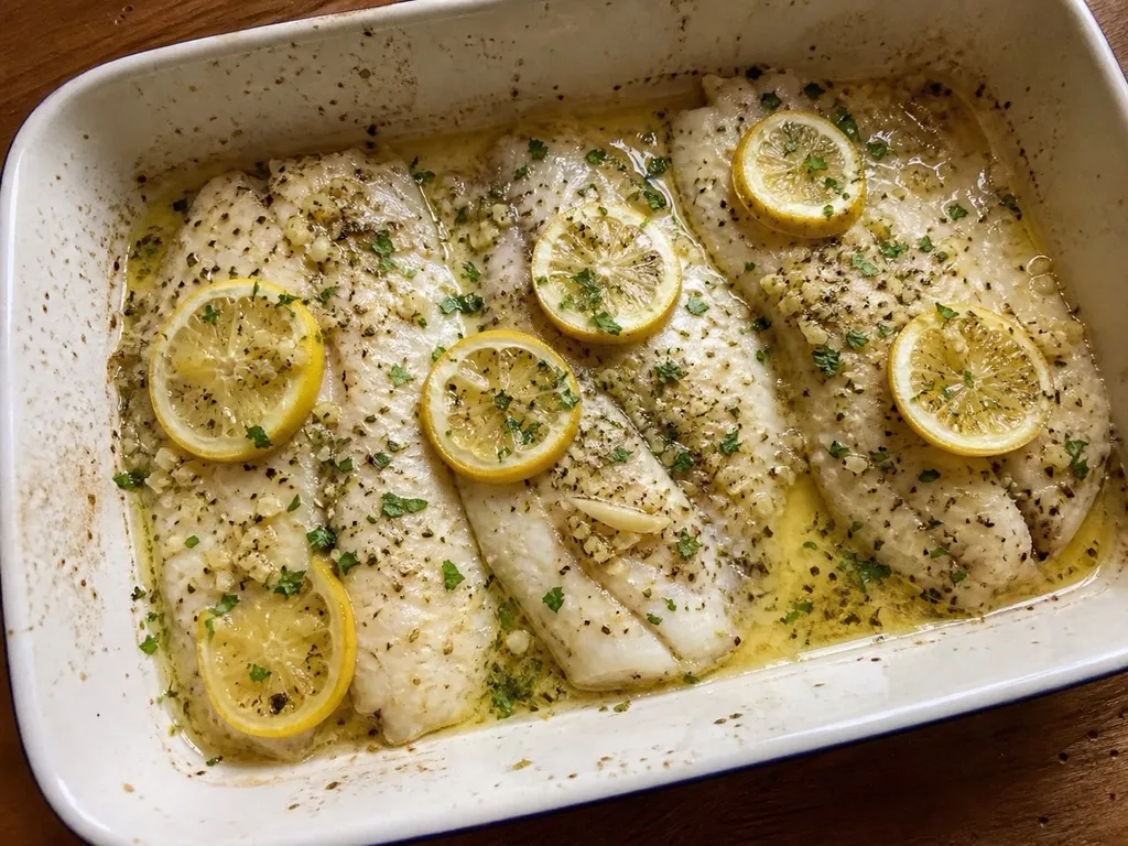 Lemon Garlic Baked Tilapia — plated and served