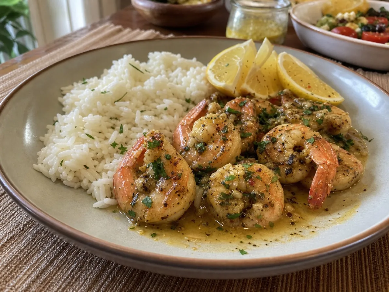 Lemon Garlic Mediterranean Shrimp — served