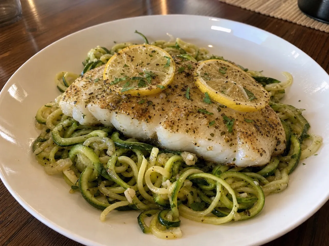 Lemon Herb Baked Cod with Garlic Zucchini Noodles — served