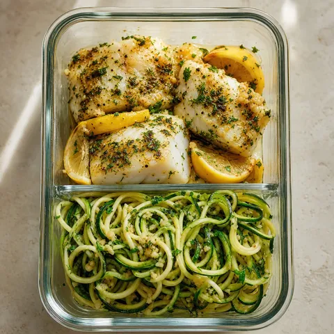 Lemon Herb Baked Cod with Garlic Zucchini Noodles — Meal Prep recipe