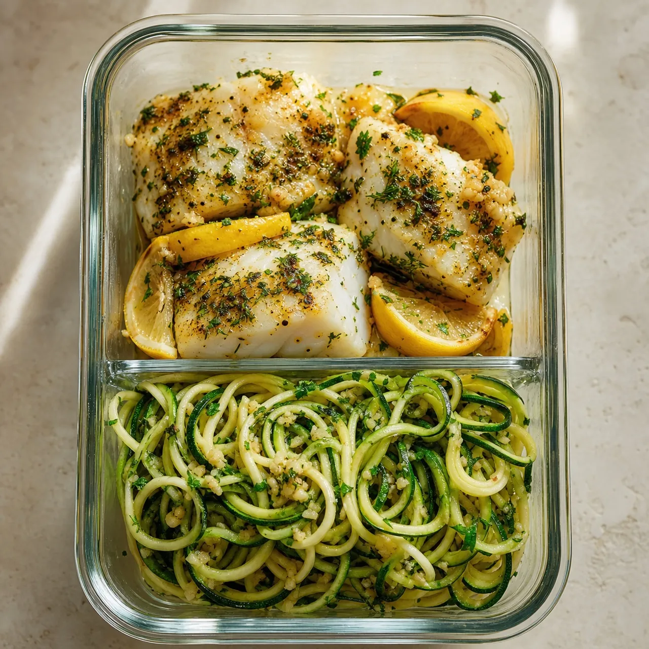 Lemon Herb Baked Cod with Garlic Zucchini Noodles — Meal Prep recipe