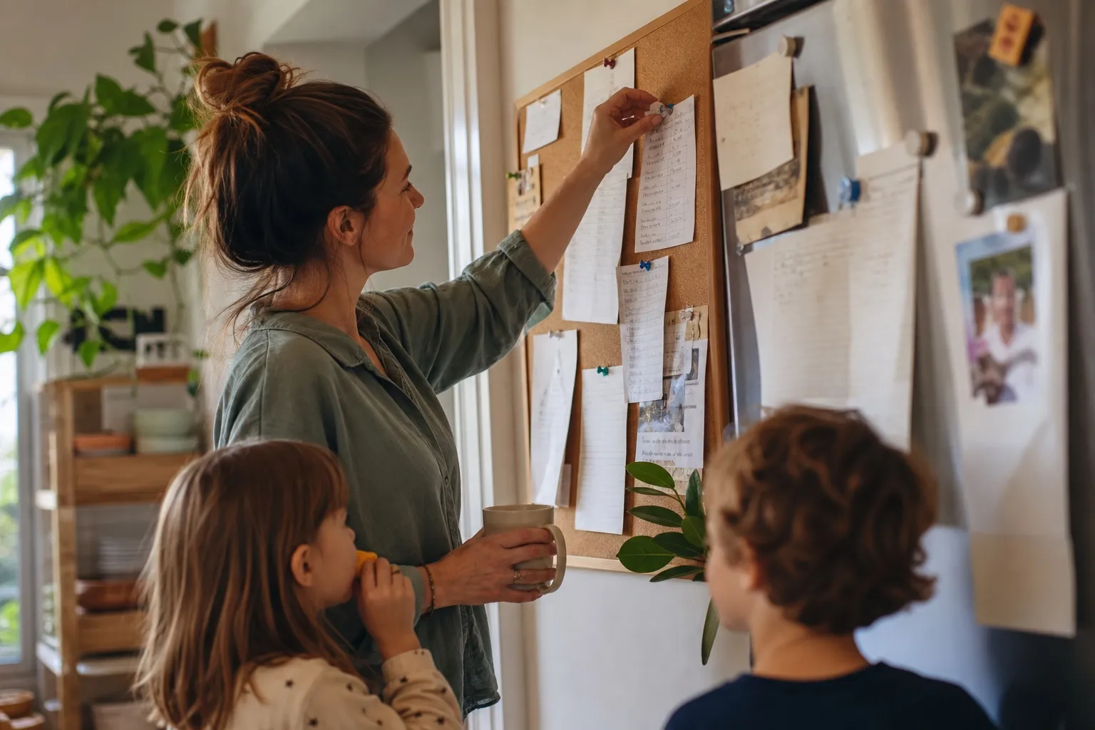 A family command corner: handwritten paper lists and checklists pinned to a corkboard and fridge