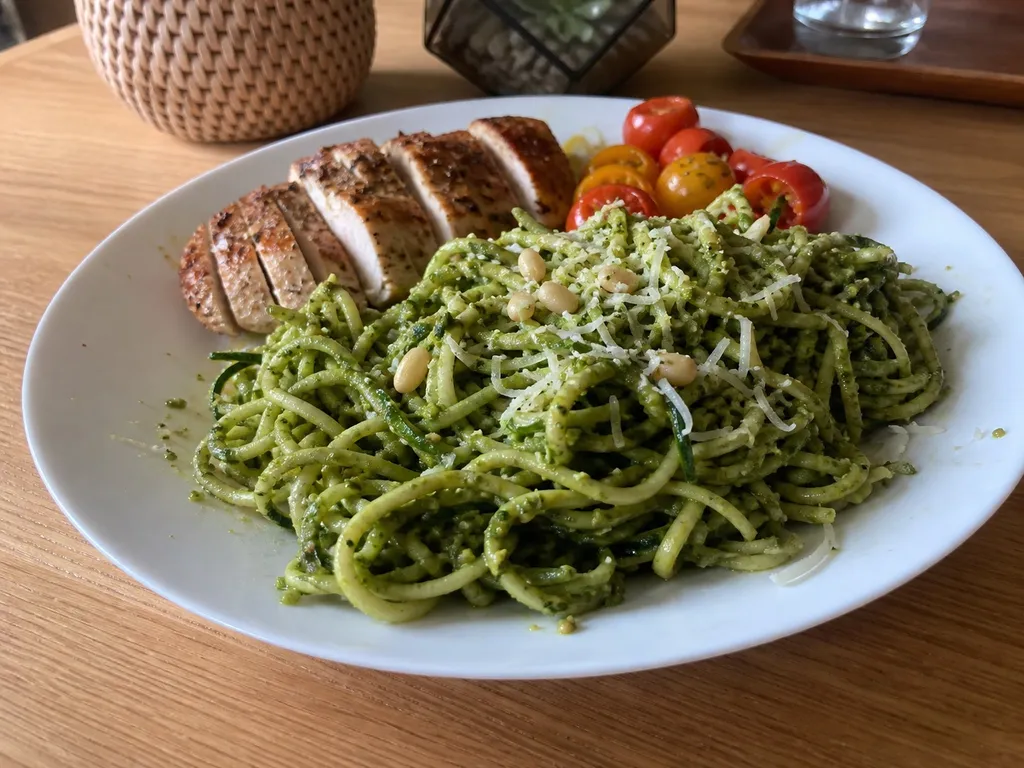 Low-Carb Zucchini Noodles with Pesto — plated and served