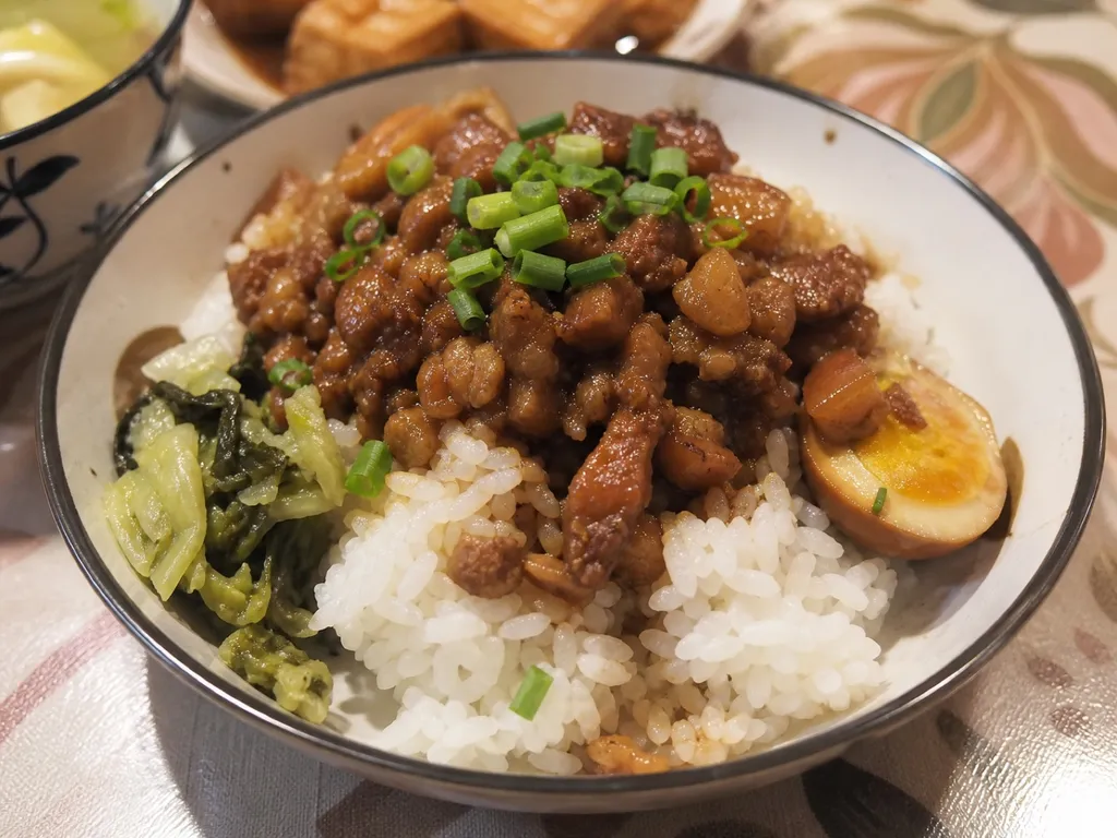 Lu Rou Fan (Braised Pork Rice) — plated and served