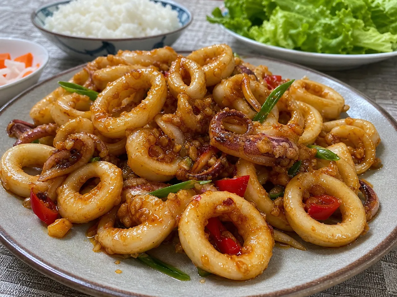 Mực Chiên Nước Mắm (Fried Squid with Fish Sauce) — served