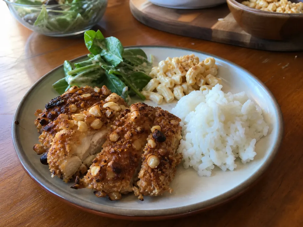 Mac Nut Crusted Chicken — plated and served