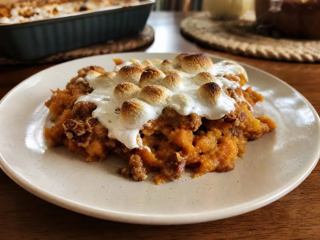 Mallow Topped Sweet Potatoes — plated and served