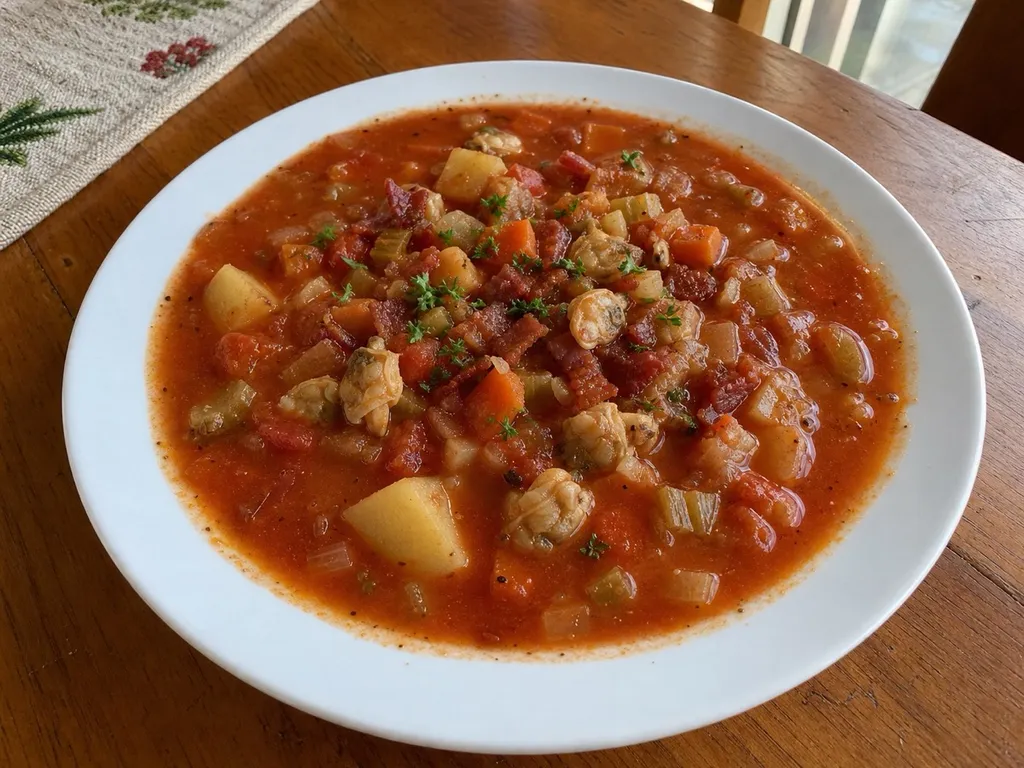 Manhattan Clam Chowder — plated and served