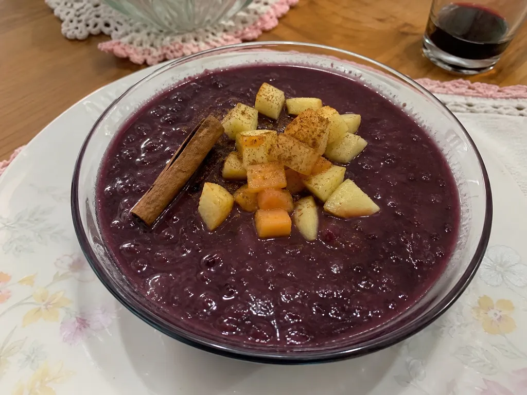 Mazamorra Morada (Peruvian Purple Corn Pudding) — plated and served