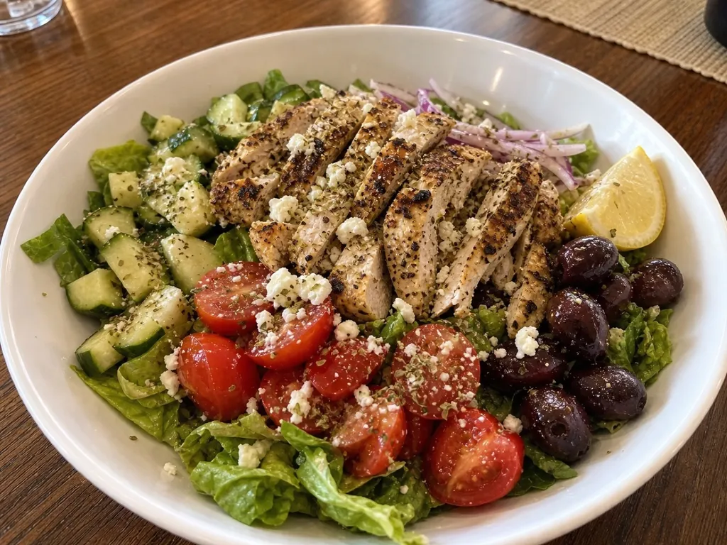 Mediterranean Greek Chicken Salad Bowls — plated and served