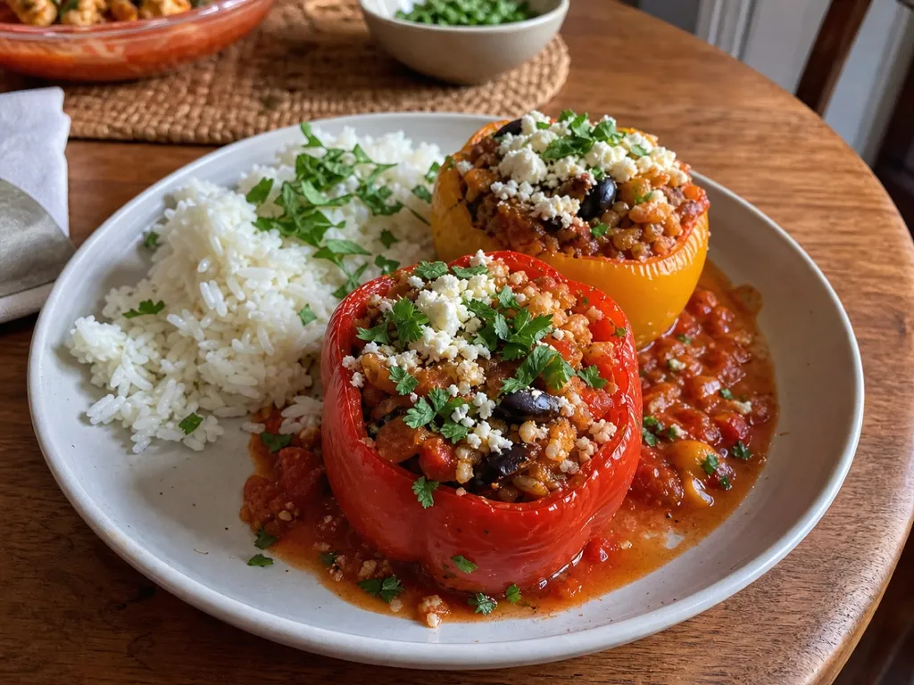 Mediterranean Stuffed Bell Peppers — plated and served