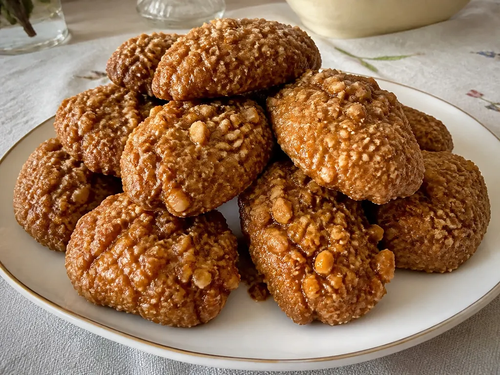 Melomakarona (Honey-Dipped Spiced Cookies) — plated and served