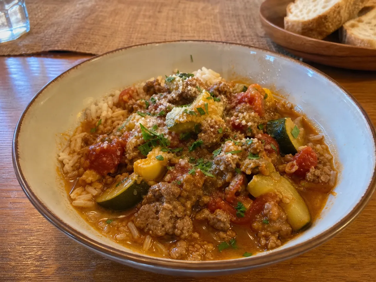 Mild Italian Sausage, Tomato & Zucchini Stew — served