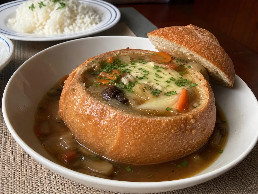 Mixed Onion Soup in Sourdough Bread Bowls — plated and served