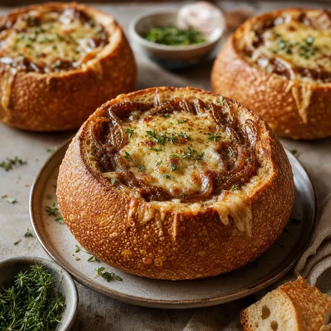 Mixed Onion Soup in Sourdough Bread Bowls — Vegetables & Sides recipe