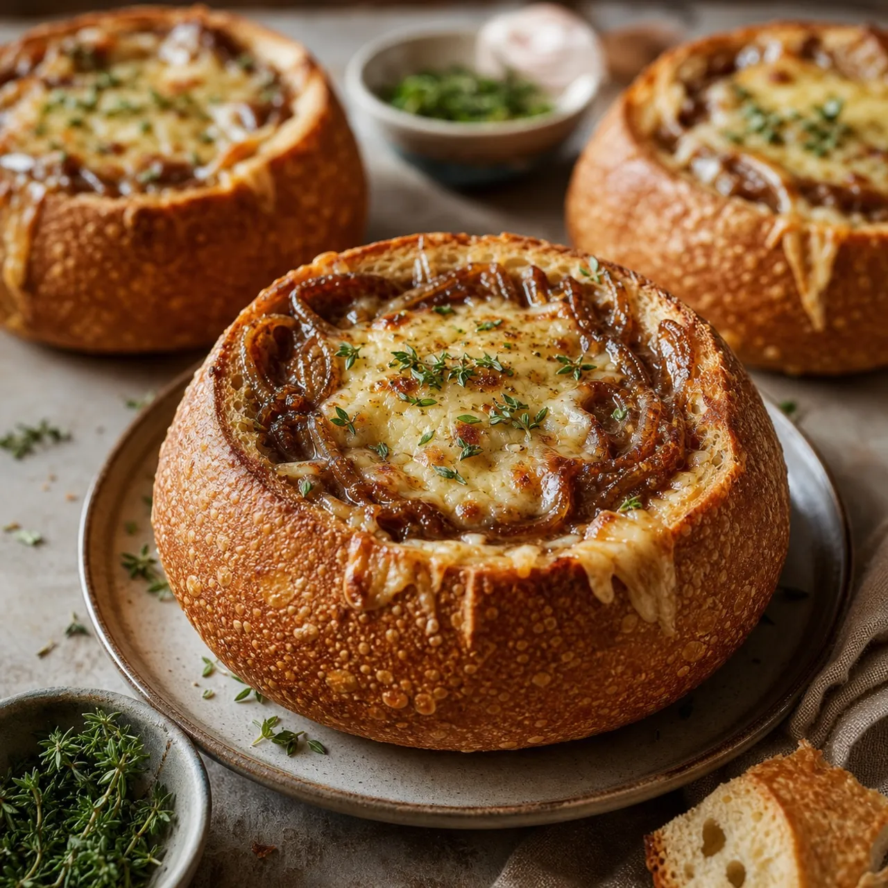 Mixed Onion Soup in Sourdough Bread Bowls — Vegetables & Sides recipe