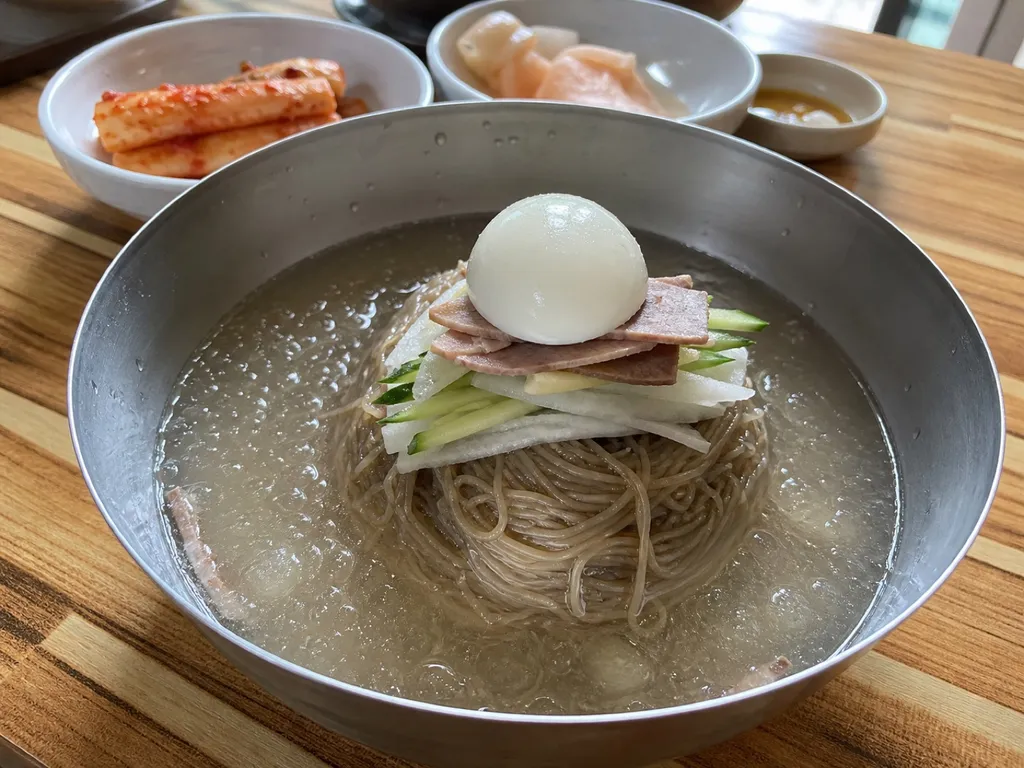Mul Naengmyeon (Cold Noodle Soup) — plated and served