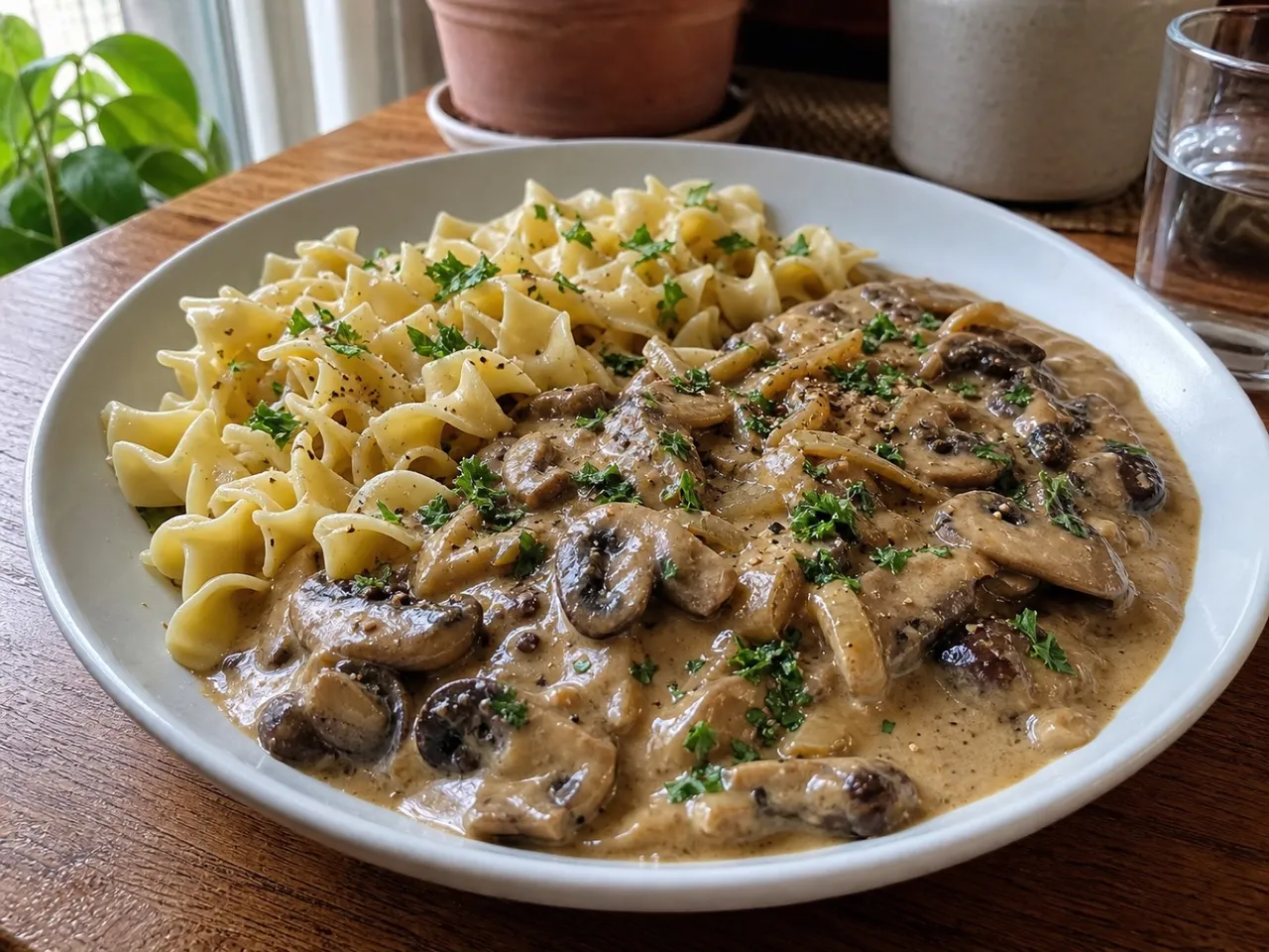Mushroom Stroganoff — served