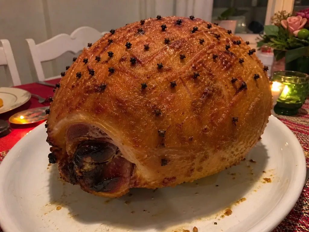 Mustard-Glazed Christmas Ham (Julskinka) — plated and served