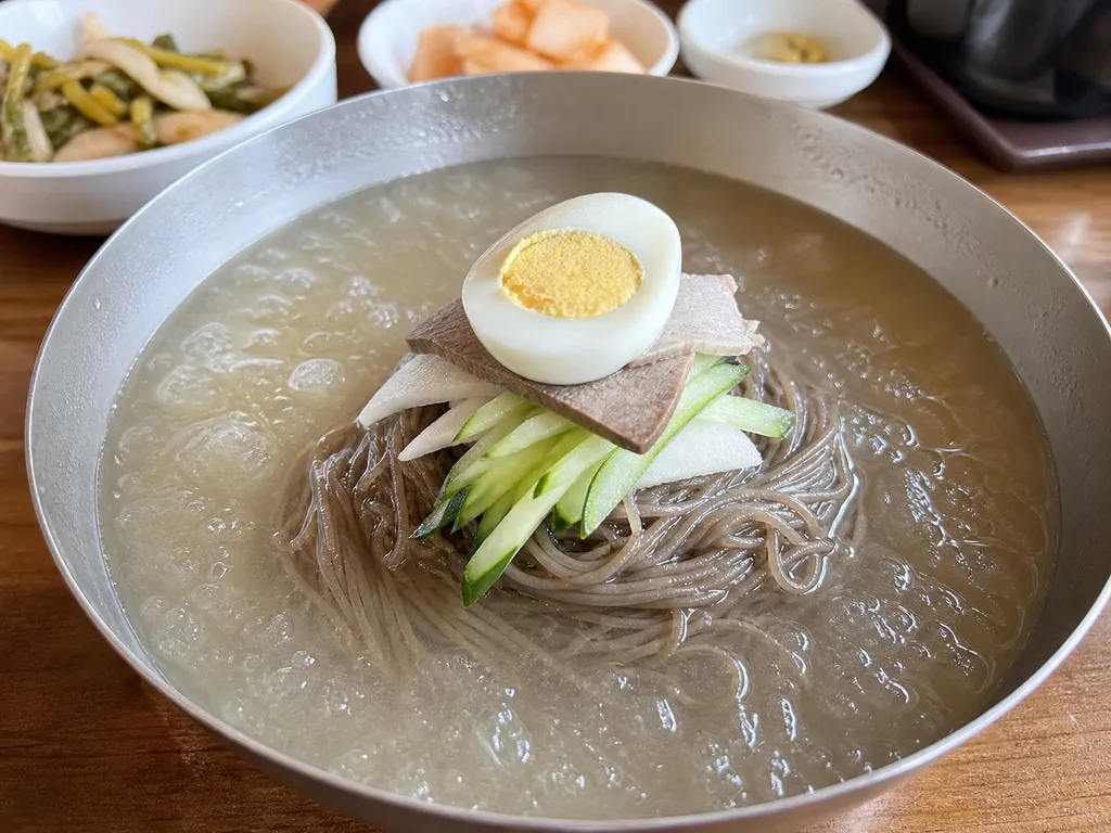 Naengmyeon (Cold Buckwheat Noodles) — plated and served