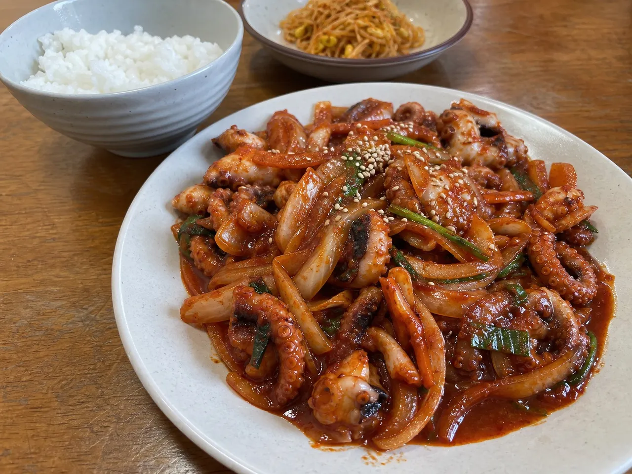 Nakji Bokkeum (Spicy Stir-fried Octopus) — served