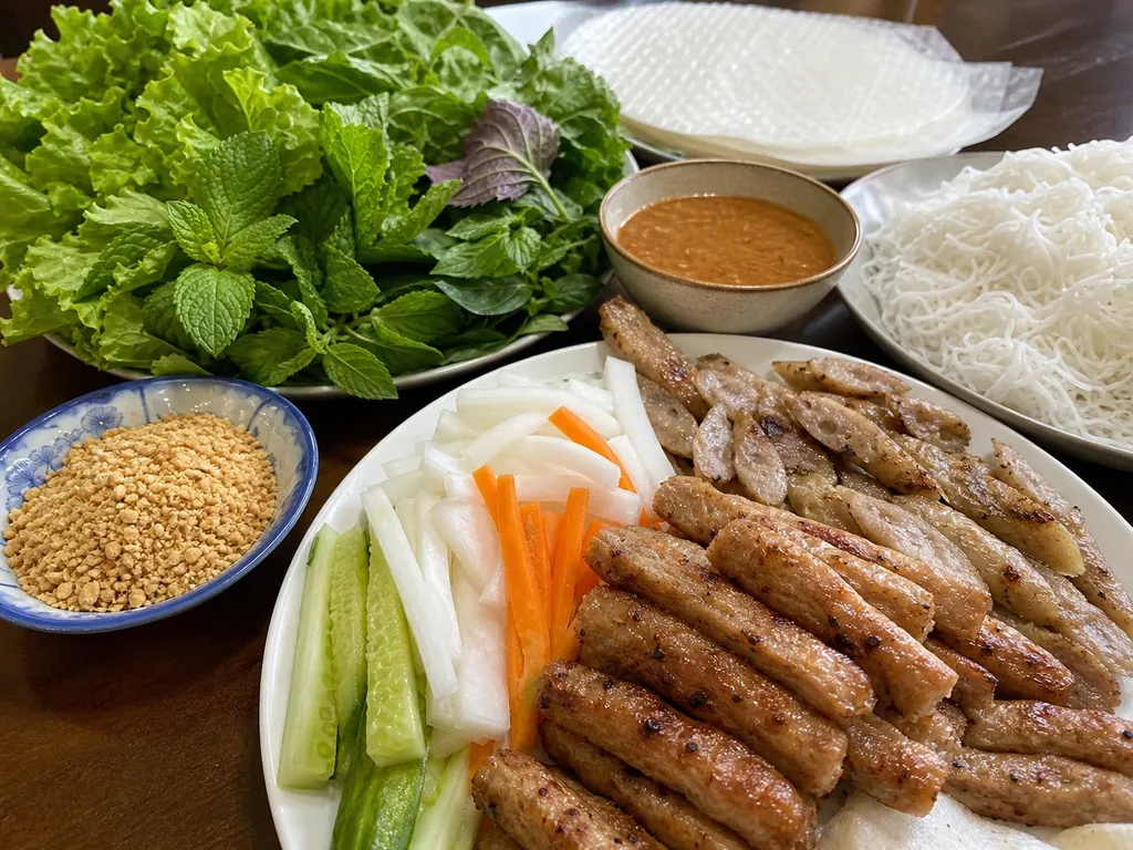 Nem Nướng (Grilled Pork Sausage) — plated and served