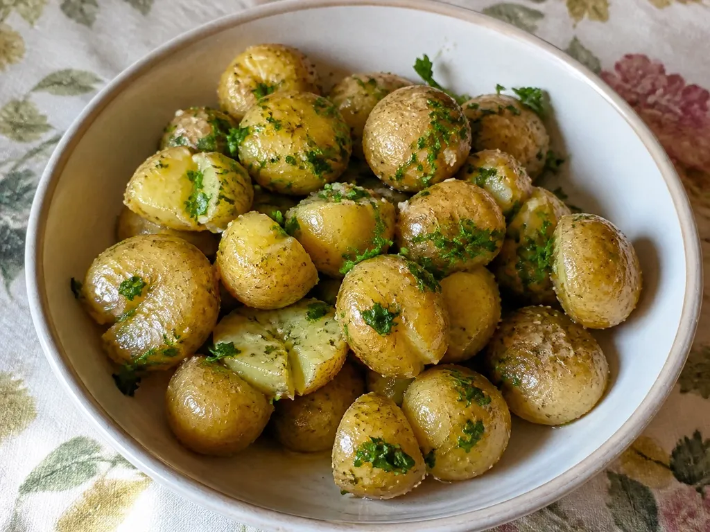 New Potatoes in Garlic Butter — plated and served