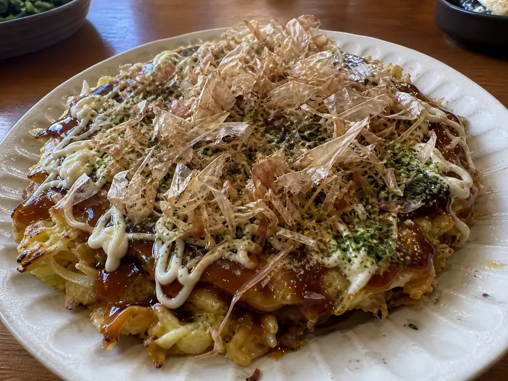 Okonomiyaki (Osaka Style) — plated and served