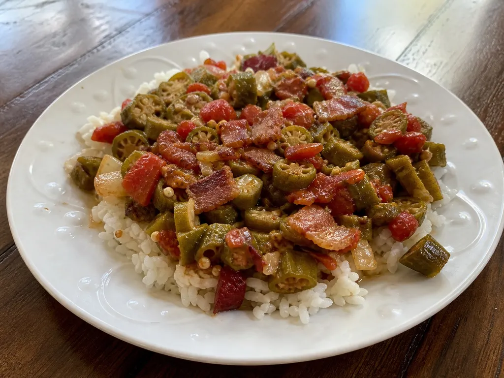 Okra and Tomatoes — plated and served