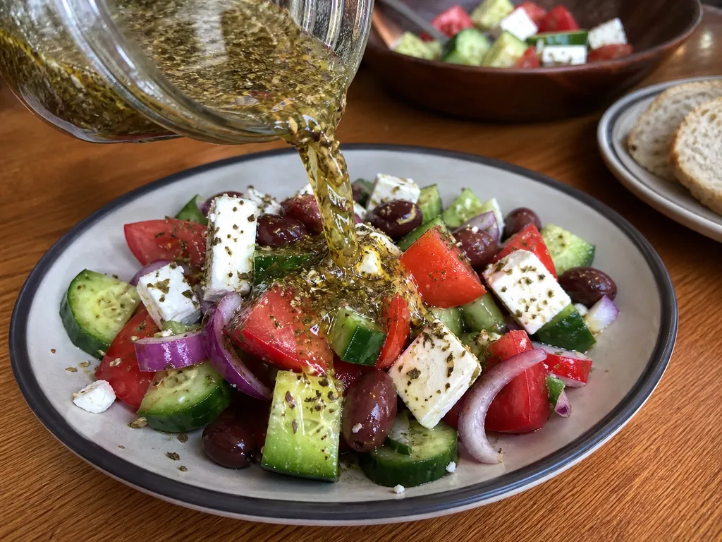 Outstanding Greek Salad Dressing — plated and served