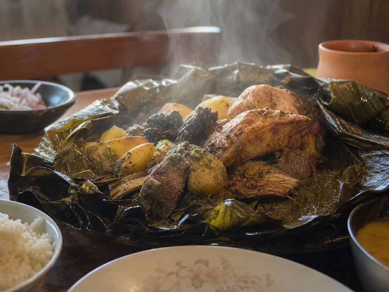 Pachamanca (Andean Earth-Oven Roasted Meats and Potatoes) — served