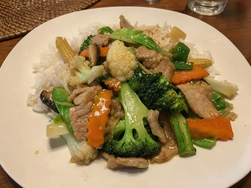 Pad Pak Ruam — plated and served