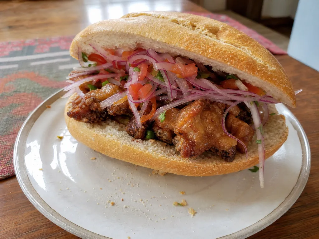 Pan con Chicharrón (Peruvian Fried Pork Sandwich) — plated and served