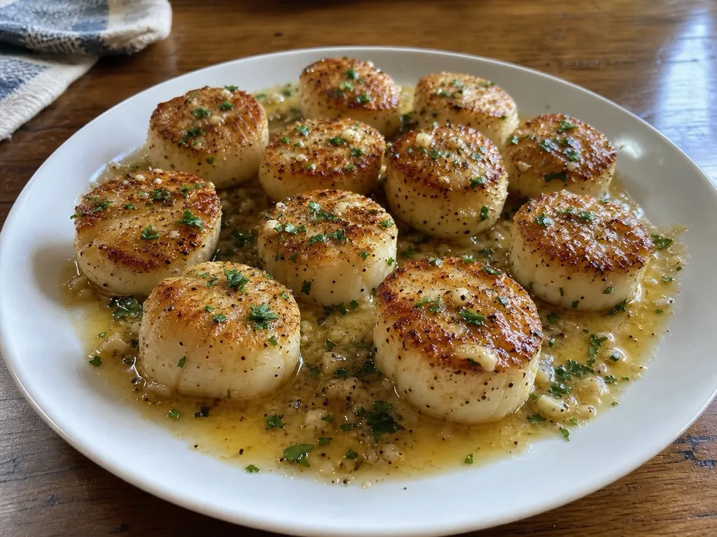 Pan-Seared Scallops with Lemon Butter — plated and served