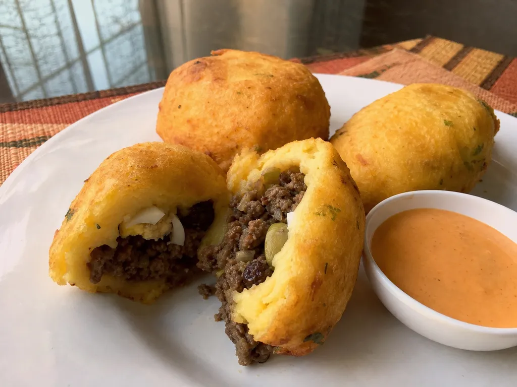 Papa Rellena (Stuffed Potato Fritters) — plated and served