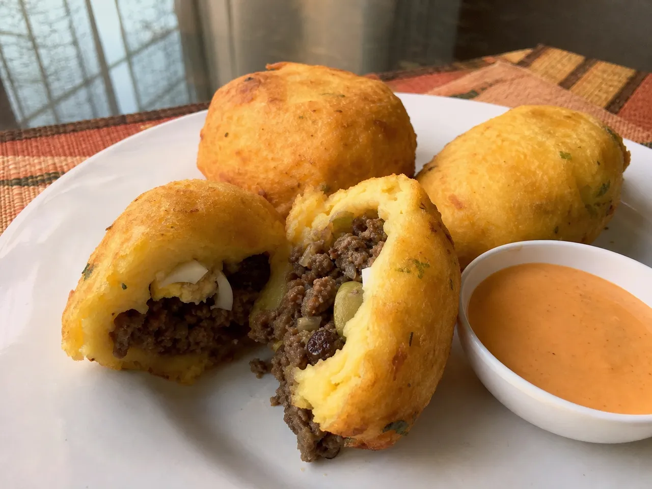 Papa Rellena (Stuffed Potato Fritters) — served