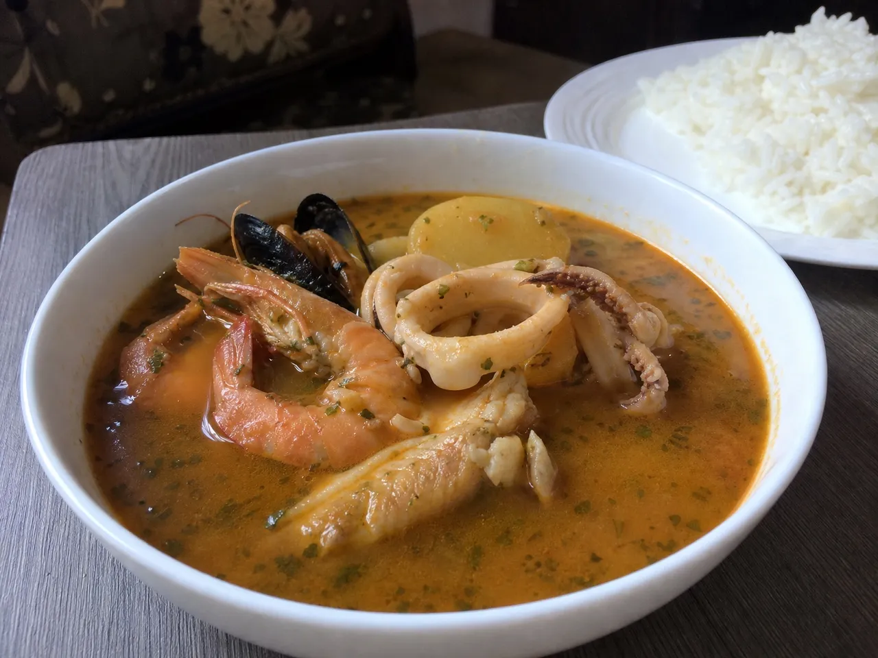 Parihuela (Peruvian Seafood Stew) — served