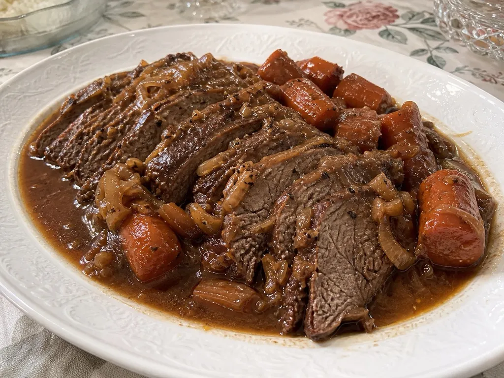 Passover Braised Brisket — plated and served