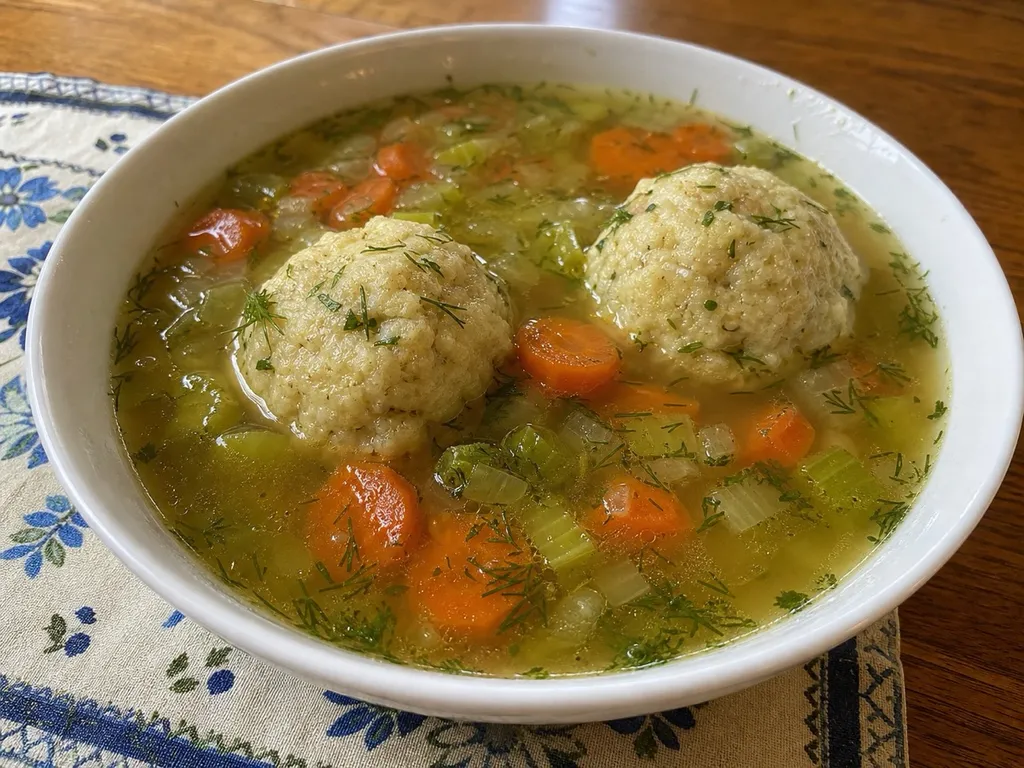 Passover Matzo Ball Soup — plated and served