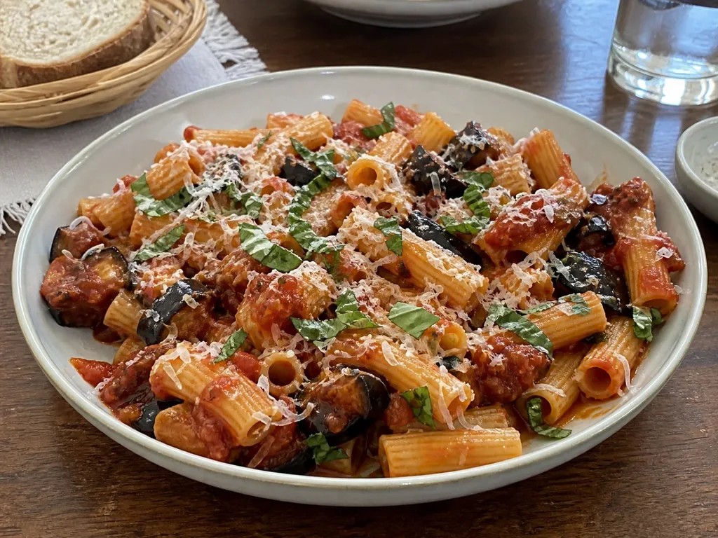Pasta alla Norma — plated and served
