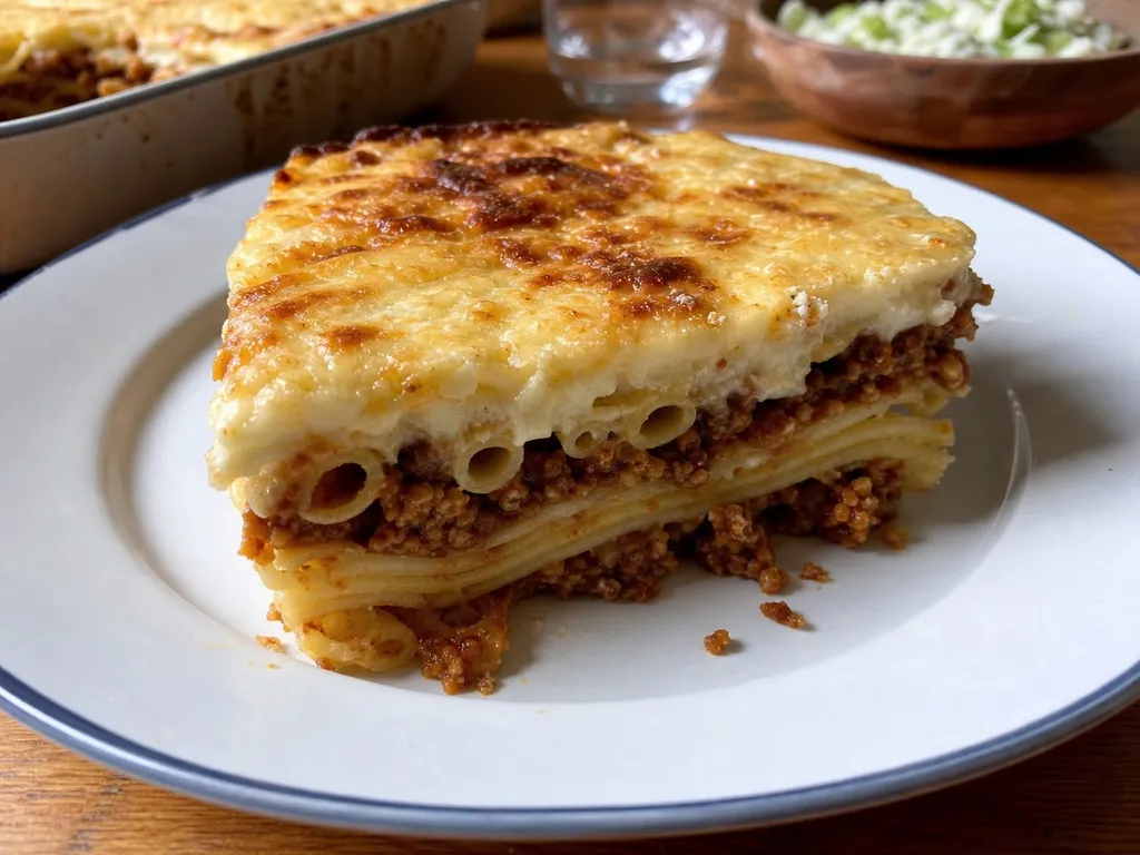 Pastitsio (Greek Baked Pasta with Meat Sauce) — plated and served