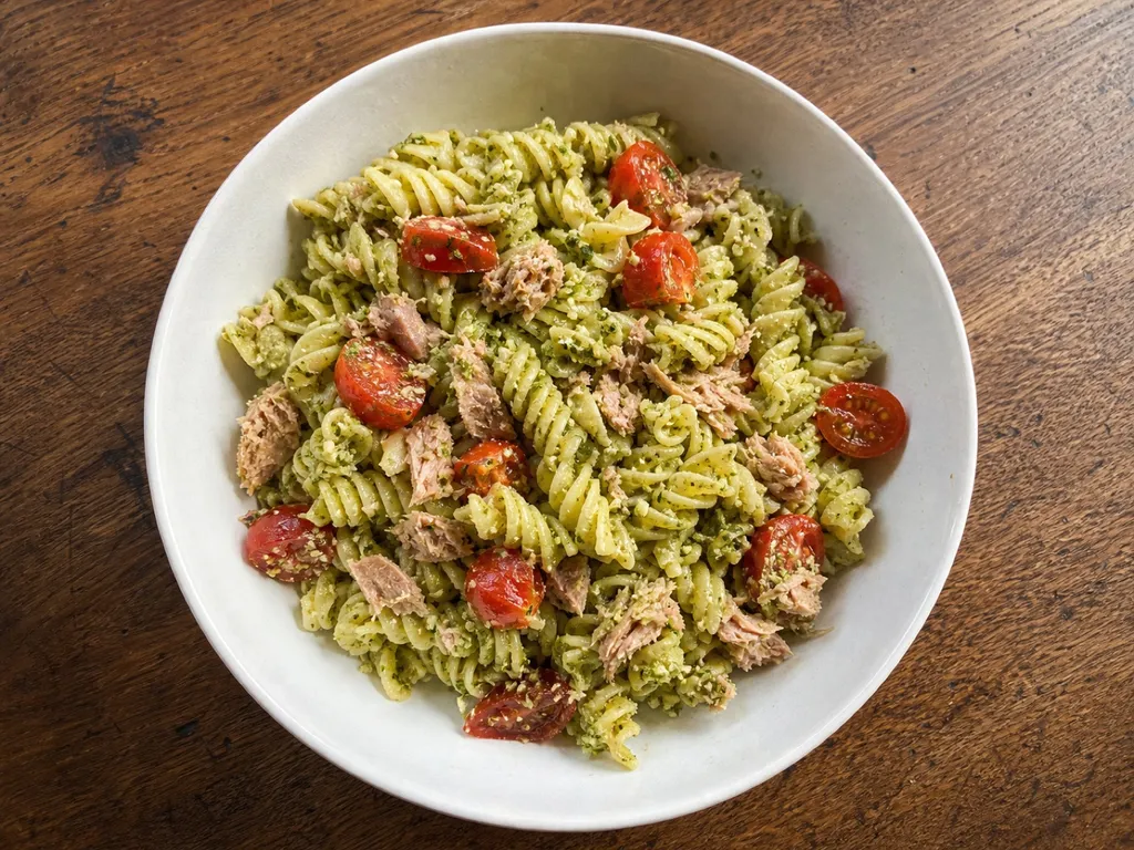 Pesto Tuna Pasta — plated and served