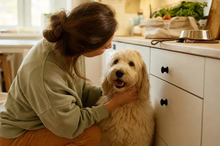 A person in a home kitchen with their dog