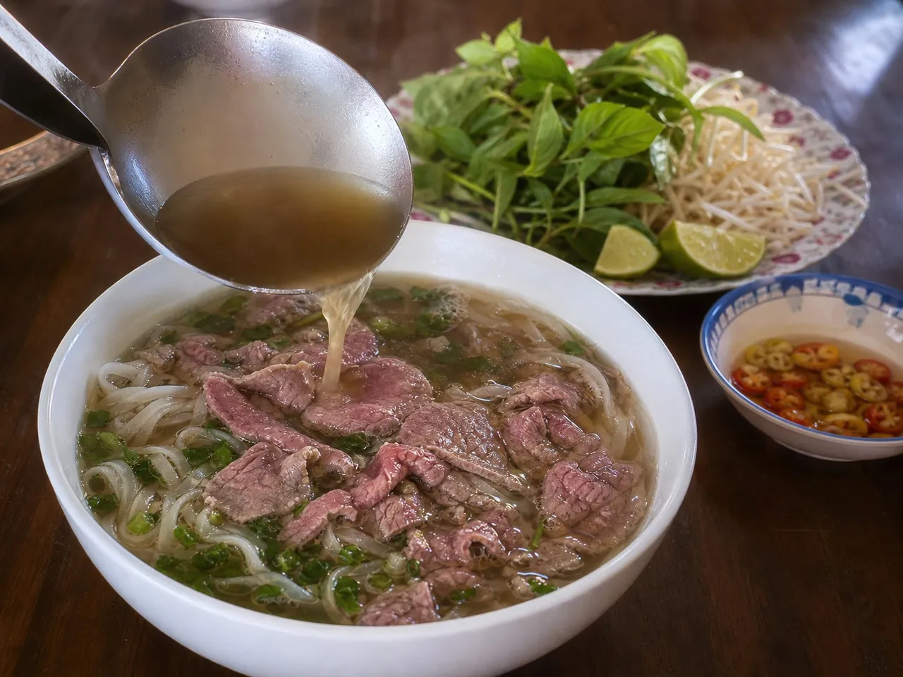 Phở Bò (Beef Noodle Soup) — served