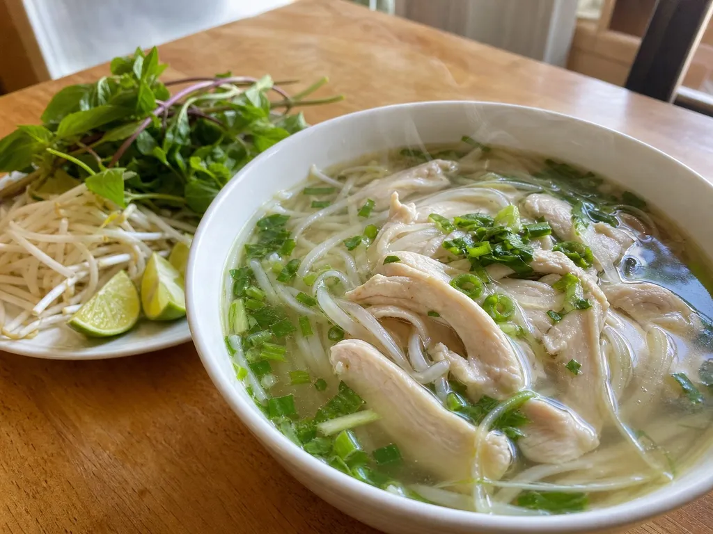 Phở Gà (Chicken Noodle Soup) — plated and served